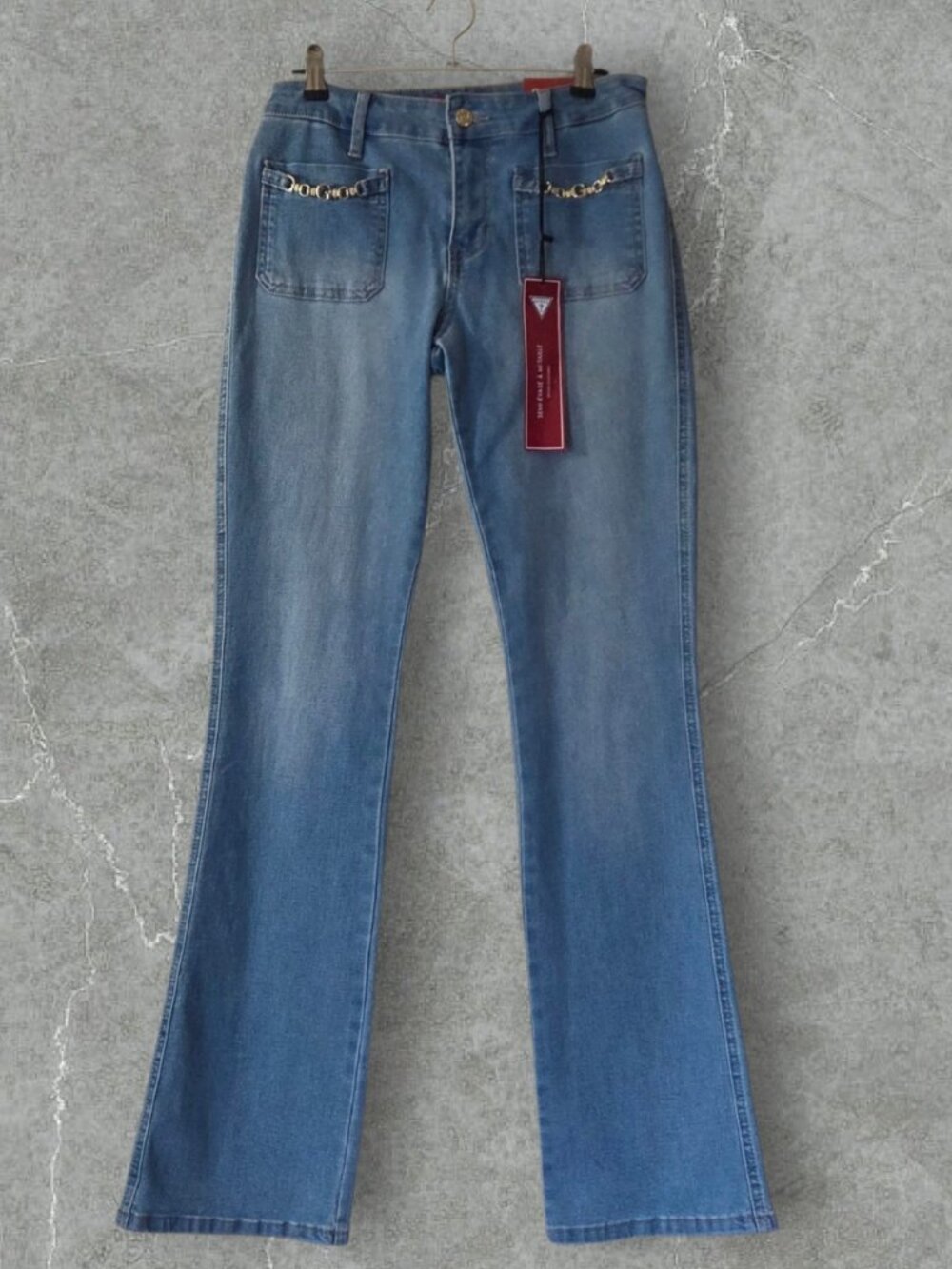 NWT Guess Light Wash Flare Jeans Gold Chain Pocket Detail Y2K